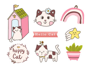 Cute cat cartoon drawing sticker set. Happy cat bundle collection.