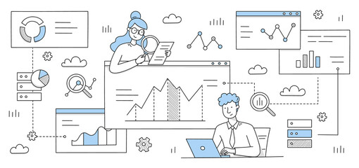 People work with research analytics and statistic. on dashboard with graphs and charts. Vector doodle illustration of data analysis with man with laptop, woman with report, graphs and charts