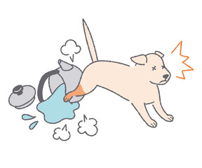 やかんを倒して火傷する犬