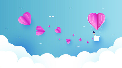 Valentines day greetings card with balloons flying with clouds vector.Heart hot air balloon flying.Love background.Cute paper cut design.posters,rainbow,gift box.Paper cut style.Space for your text.