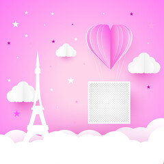 Fototapeta na wymiar Valentines day greetings card with balloons flying with clouds vector.Heart hot air balloon flying.Love background.Cute paper cut design.posters,rainbow,gift box.Paper cut style.Space for your text.