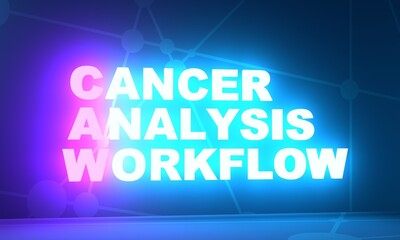 CAW - Cancer Analysis Workflow acronym. Neon shine text. 3D Render