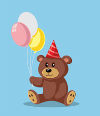 Cute Teddy Bear Holding Party Balloons Celebrating Anniversary Vector Card