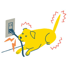 電気コードを噛んで感電する犬 - obrazy, fototapety, plakaty
