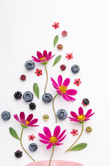 Composition of flowers and berries that lie on a white background.