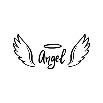 Angel wing with halo and angel lettering text. Hand drawn line sketch style wing. Simple vector illustration.