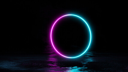 3d rendering of glowing neon circles on concret