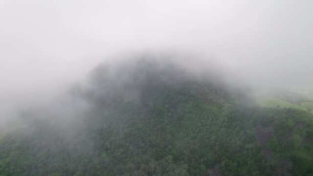 Drone shot of clouds and mist hanging over green Australian mountain with gumtrees