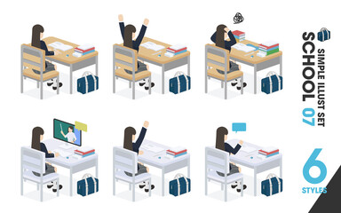 イラストセット「SCHOOL 07」6点　学生服 制服 ブレザー 女 机 / manga illustration vector school girl uniform