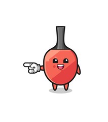 table tennis racket cartoon with pointing left gesture