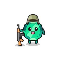 cute emerald gemstone mascot as a soldier