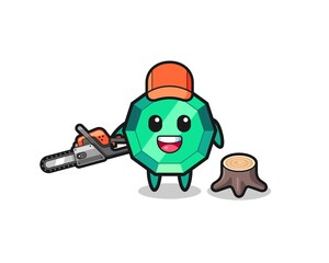 emerald gemstone lumberjack character holding a chainsaw