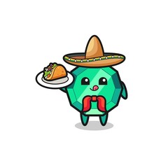 emerald gemstone Mexican chef mascot holding a taco