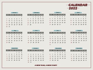 Calendar 2022 minimalist style. This 12 months calendar in 2022. Vector illustration.