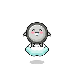 cute button cell illustration riding a floating cloud