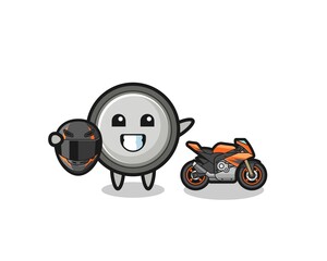 cute button cell cartoon as a motorcycle racer