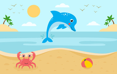 Vector landscape with dolphin at sea and cute crab on beach.