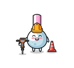 road worker mascot of cotton bud holding drill machine