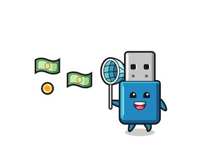 illustration of the flash drive usb catching flying money