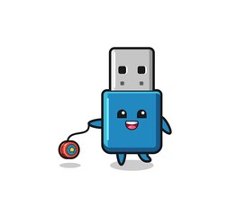 cartoon of cute flash drive usb playing a yoyo