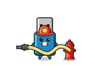 flash drive usb cartoon as firefighter mascot with water hose