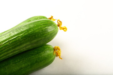 Fresh green  cucumbers on a white background. vegetarian raw foods.