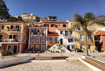 Fototapeta na wymiar parga city greek tourist resort houses roofs sea , greece