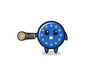 euro flag mascot holding flashlight