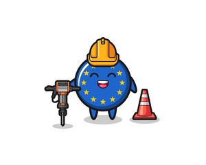 road worker mascot of euro flag holding drill machine