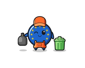 the mascot of cute euro flag as garbage collector