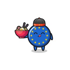 euro flag as Chinese chef mascot holding a noodle bowl