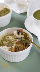 Cinnamon buns. Ricotta cream, cinnamon and matcha tea