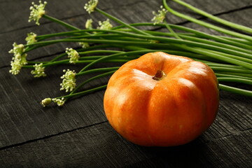 Fresh harvested organic pumpkin on a rustic kitchen table background.