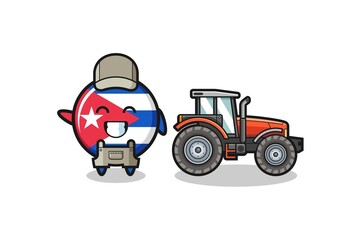 the cuba flag farmer mascot standing beside a tractor
