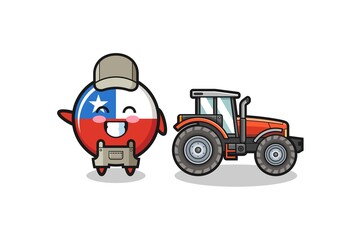 the chile flag farmer mascot standing beside a tractor