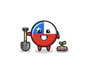 cute chile flag cartoon is planting a tree seed