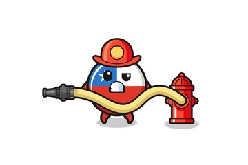 chile flag cartoon as firefighter mascot with water hose