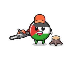 palestine flag lumberjack character holding a chainsaw