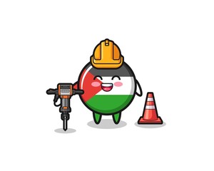 road worker mascot of palestine flag holding drill machine