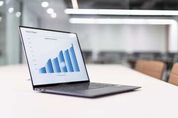 laptop with finance reports on desk in modern office