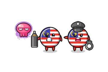 malaysia flag cartoon doing vandalism and caught by the police
