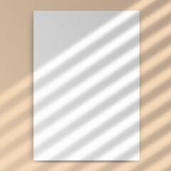 Vertical mock up of empty paper blank. Reflected blinds shadow from window. Realistic silhouette effect background. Vector