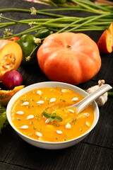 Homemade delicious organic pumpkin cream soup.