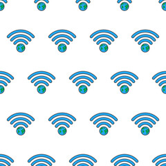 Earth Wifi Signal Seamless Pattern On A White Background. Global Network Theme Vector Illustration