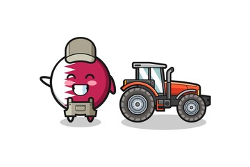 the qatar flag farmer mascot standing beside a tractor