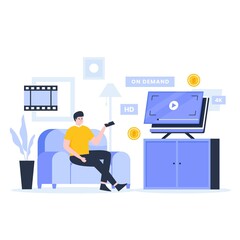 Flat design of people watch movie on demand