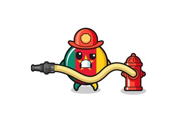 cameroon flag cartoon as firefighter mascot with water hose