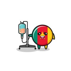 cute cameroon flag character standing with infusion pole