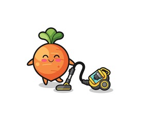 cute carrot holding vacuum cleaner illustration