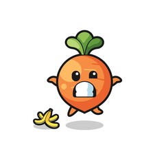 carrot cartoon is slip on a banana peel